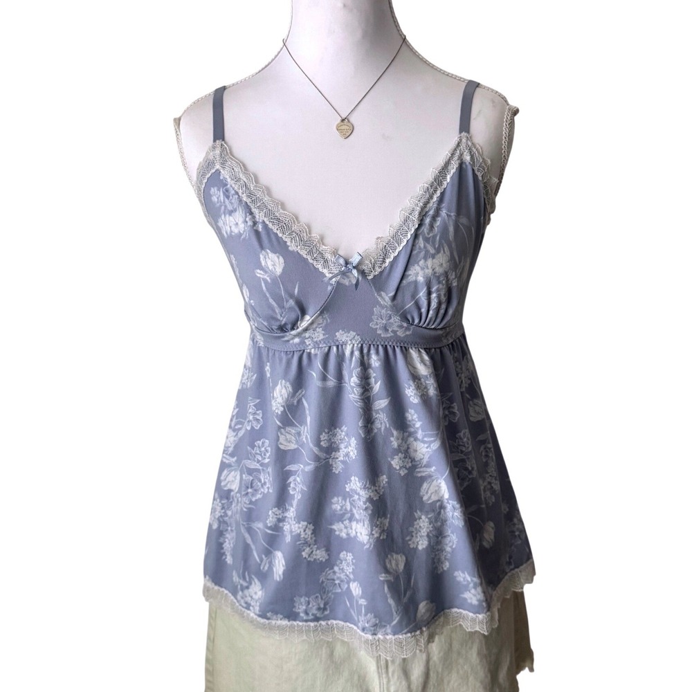 Laura Ashley Floral Lace Trim Empire Waist Babydoll Camisole Coquette Blue Med